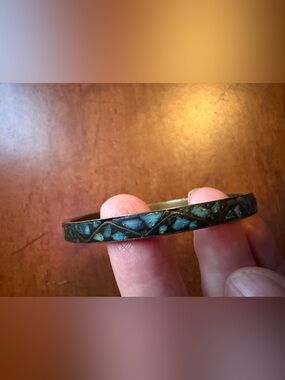 Turquoise Inlay Brass Bangle Bracelet - Women's Blue Green Statement Jewelry